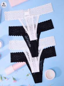 Conjunto de 4 tangas de encaje de leopardo para mujer, ropa interior sexy