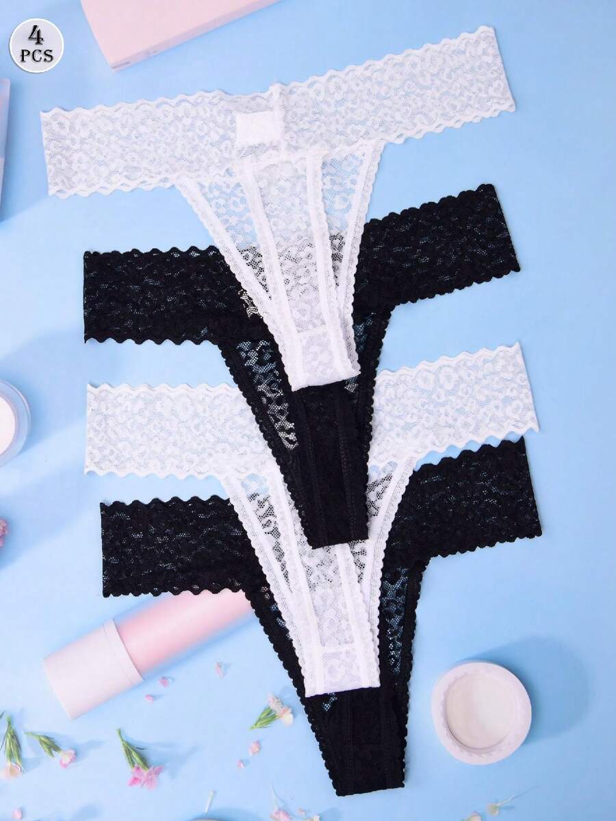 Conjunto de 4 tangas de encaje de leopardo para mujer, ropa interior sexy
