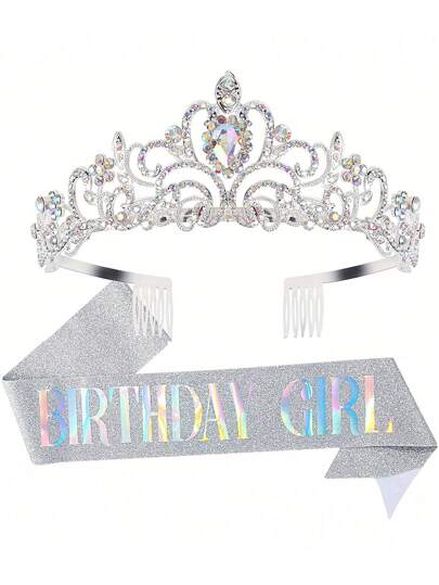 Bling Rhinestone Crystal Silvery Crown Tiara Birthday Sash And Crown For Women Birthday Party Decoration Kit Glitter Crystal Hair Accessories,Christmas