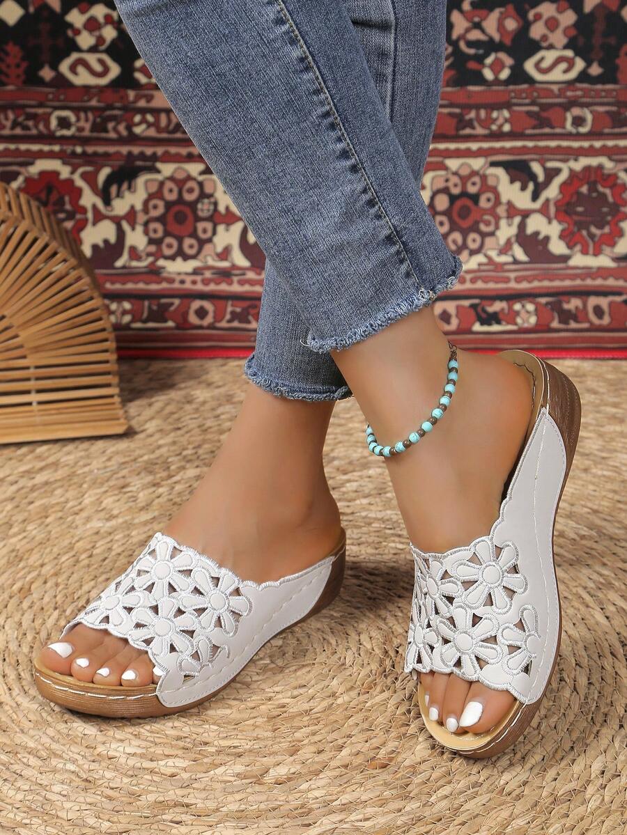 Women's New Casual Comfortable Hollowed-Out Embroidered Wedge Heel Thick-Soled Sandals For Outdoor Wear - Grey - View 1