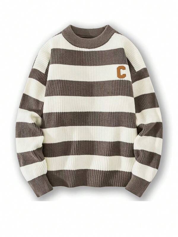 Men's Casual Colorblock Striped Letter Crew Neck Sweater, Autumn/Winter