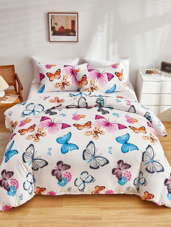 3pcs Butterfly Printed Kids' Duvet Cover Set, Cute Colorful Polyester Bedding Set With Pillowcase, For All Seasons