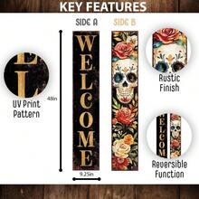 48in Welcome Sign | Dia De Los Muertos Sugar Skull Porch Sign | Vintage Day Of The Dead Decoration | Reversible Entryway Porch Decor - Nhiều màu - Xem 2