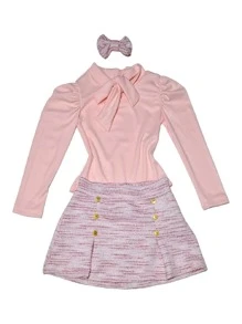 Conjunto Infantil Inverno Menina Social blusa Manga Longa gola laço saia em tweed Festa - Rosê - Visão 7