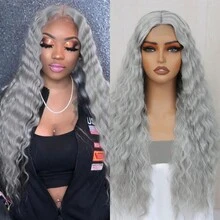 Curly Wig Long Wave Wigs Grey Synthetic Wig For  Deep Wave Lace Front Hair 28 Inch Long Curly Light Grey Wig Daily And Party USe - Light Grey - View 3