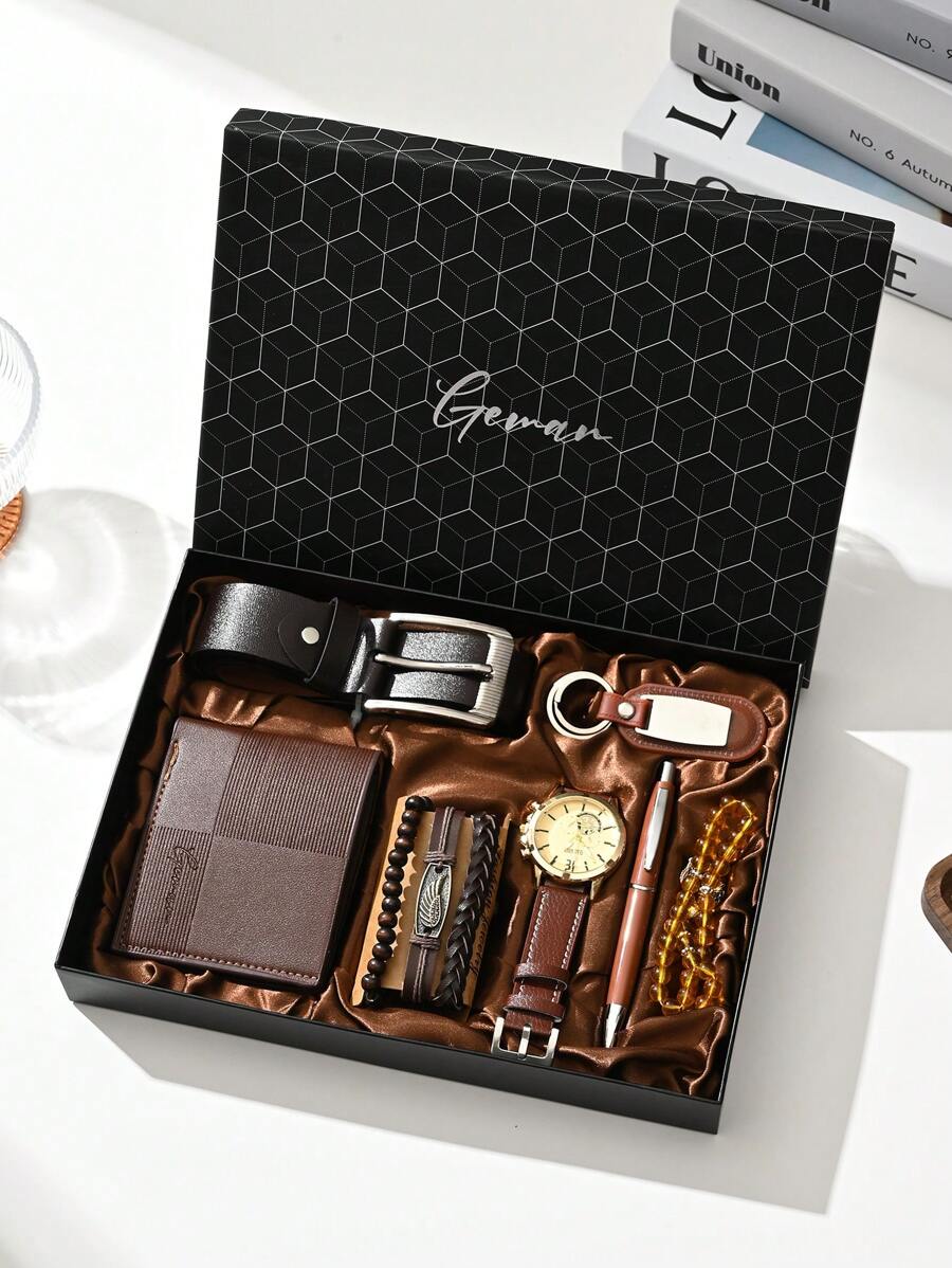 7pcs Men's Watch Gift Box Set For Father's Day, Birthday, Anniversary, Valentine's Day, Teacher's Day, Graduation, Back To School - Brown - View 1