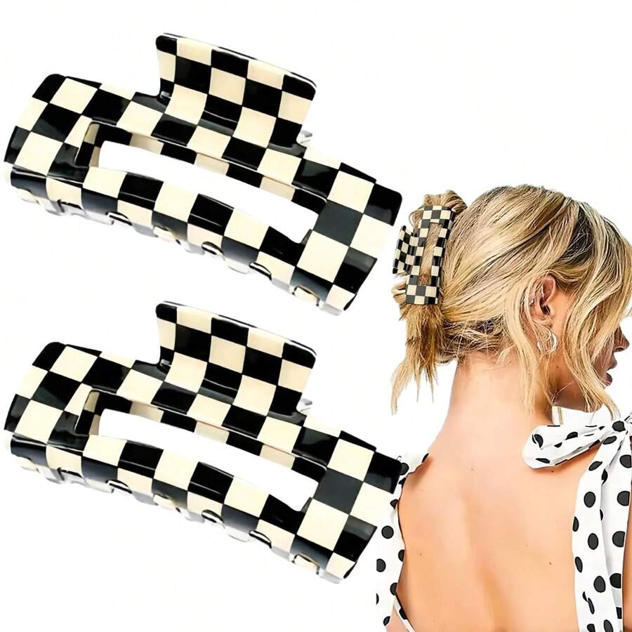 2 PCS Checkered Hair Claw Clips Square Checker Barrettes Cute Non Slip Hair Jaw Clips Strong Hold Rectangle Hair Claw Multicolored Plaid Vintage Checkered Hair Clip Y2K Hair Barrettes For Women Girls - Multicolor - View 1