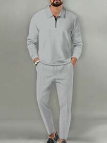 2pcs Quick-Dry Boyfriend Style Men's Sports Suit, Including Long Sleeve Polo Shirt And Sports Pants, For Outdoor & Casual Activities, Solid Color Wafer Grid Pattern Set, Summer