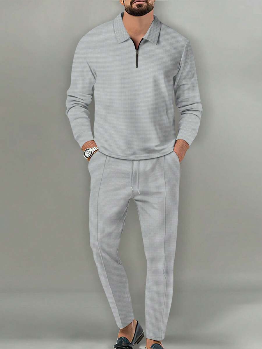 2pcs Quick-Dry Boyfriend Style Men's Sports Suit, Including Long Sleeve Polo Shirt And Sports Pants, For Outdoor & Casual Activities, Solid Color Wafer Grid Pattern Set, Summer