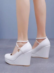 10cm White Round Toe Platform Ankle Strap Wedge Pumps High Heels, Fashionable Elegant Princess Wedding Bridal Shoes