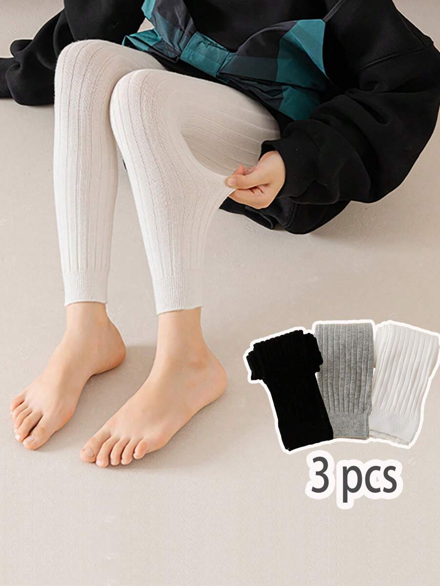 3 件装 女童纯色竖条纹七分紧身裤，适合上学 - 彩色 - 查看 1