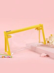 1pc Simple Transparent Pen Bag, Large Capacity And Cute Design, Suitable For Middle And High School Exam Stationery Bag For Girls - Yellow - View 3