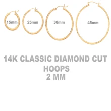 14k Gold Classic Diamond Cut Hoop Earrings, 2mm Thick, 15mm, 25mm, 30mm, 45mm, Women Hoop Earrings, 14k Gold Hoop Earrings, Everyday Hoops - 15MM - View 1