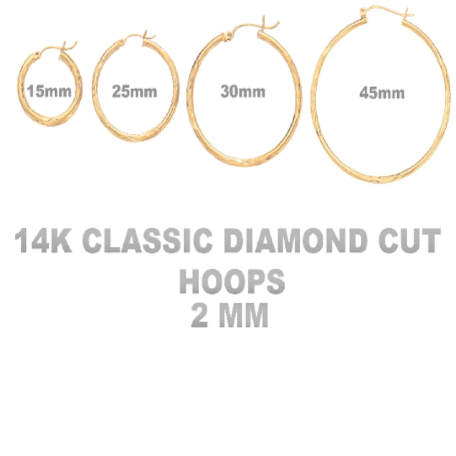 14k Gold Classic Diamond Cut Hoop Earrings, 2mm Thick, 15mm, 25mm, 30mm, 45mm, Women Hoop Earrings, 14k Gold Hoop Earrings, Everyday Hoops - 15MM - View 1
