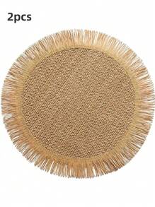 2 piezas/4 piezas/8 piezas Conjunto de individuales de papel con borlas redondas, individuales tejidos a mano naturales resistentes al calor de 15 pulgadas, adecuados para reuniones familiares, bodas y fiestas - Multicolor - Ver 19