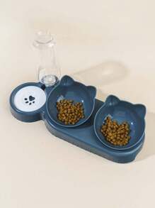 1pc Cat Ear Design Pet Double Bowl With Drinking Bottle For Dog And Cat For Drink More Water And Food Feeding - Light Grey - View 17
