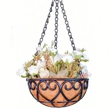 1入組8吋金屬掛花籃與8吋椰子纖維內襯 - 椰子纖維內襯，附黑色鏈條，適用於門廊盆栽掛架、室內外花盆、花園裝飾 - 棕色 - 查看 2