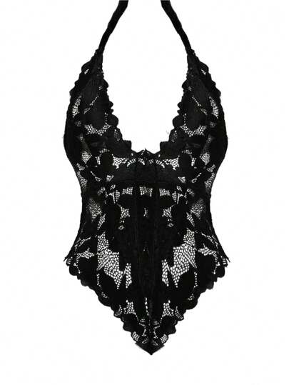 Women One Piece Lingerie Verleidelijke Teddy Halter Neck Bodysuit Kanten Nightie Rave Going Out view 5