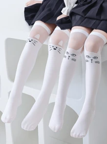 2 Pairs Kids Socks, Classic White With Cute Cartoon Cat & Fox Patterns, Versatile Casual Breathable Comfortable Soft Over-The-Knee Socks, Suitable For Festivals, Traveling, Matching Princess Dresses, Back To School - White - View 2