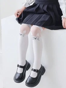 2 Pairs Kids Socks, Classic White With Cute Cartoon Cat & Fox Patterns, Versatile Casual Breathable Comfortable Soft Over-The-Knee Socks, Suitable For Festivals, Traveling, Matching Princess Dresses, Back To School - White - View 3