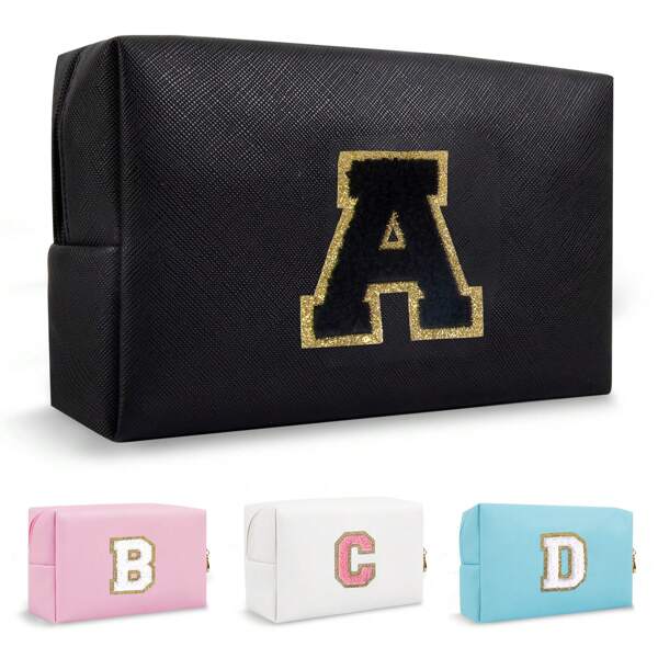 Bolsa de maquiagem com letras iniciais personalizadas, bolsa de cosméticos pequena de chenille com zíper, bolsa de viagem de couro PU à prova d'água para artigos de higiene pessoal, bolsa de maquiagem com monograma para mulheres e meninas, bolsas de maquiagem, organizador de maquiagem, organizador de maquiagem, armazenamento de maquiagem