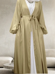 1set Women's Satin Plain Color Elegant Long Robe With Waist Belt, Suitable For Daily Gatherings (Abaya) - Multicolor - View 10