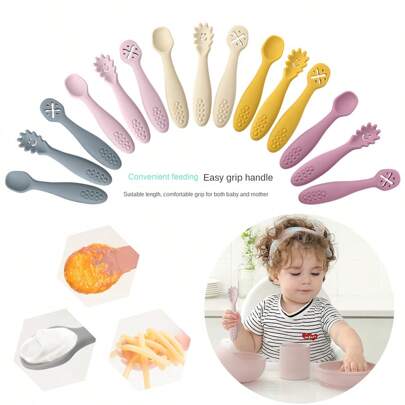 PopLittleOne 3Pcs/Set Unisex Baby Silicone Spoon Fork Set Solid Utensils Toddler Learn To Eat Training Soft Cutlery Children's Tableware