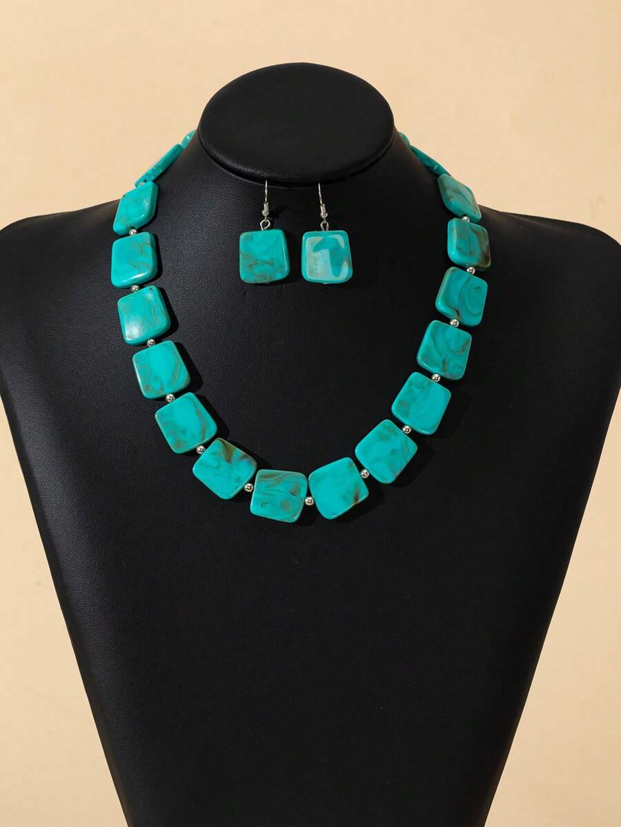Fashionable Turquoise Beaded Necklace And Earrings Set, Simple Yet Elegant Collarbone Chain, Hip-Hop Style - Turquoise - View 1