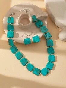 Fashionable Turquoise Beaded Necklace And Earrings Set, Simple Yet Elegant Collarbone Chain, Hip-Hop Style - Turquoise - View 2