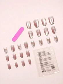 24pcs Short Oval Faux Nails In Porcelain Pink Color With Gold Butterfly, Cat Eye, Purple Glass Bead, Rhinestone And Sparkles, Creating An Elegant And Youthful Look, Press On Nails Nail Art Kit