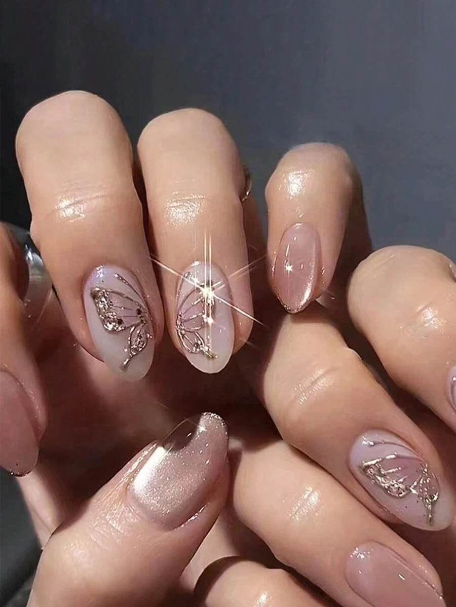 24pcs Short Oval Faux Nails In Porcelain Pink Color With Gold Butterfly, Cat Eye, Purple Glass Bead, Rhinestone And Sparkles, Creating An Elegant And Youthful Look, Press On Nails Nail Art Kit