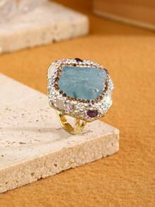 1pc Wide Band Adjustable Natural Crystal Raw Stone & Clay Inlaid Diamond Ring For Women, Party Gift (Random Shape And Color Depth)
