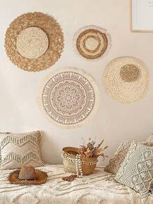 1PC/4 chiếc Giỏ treo tường trang trí phong cách Bohemian, Giỏ treo tường tròn phẳng phong cách Bohemian có tua rua, Giỏ nghệ thuật dệt treo tường bằng mây trang trí, Dùng cho phòng ngủ, nhà ở, phòng khách, trang trí tường bếp, trang trí nhà cửa, trang trí phòng, trang trí tường - Nhiều màu - Xem 1