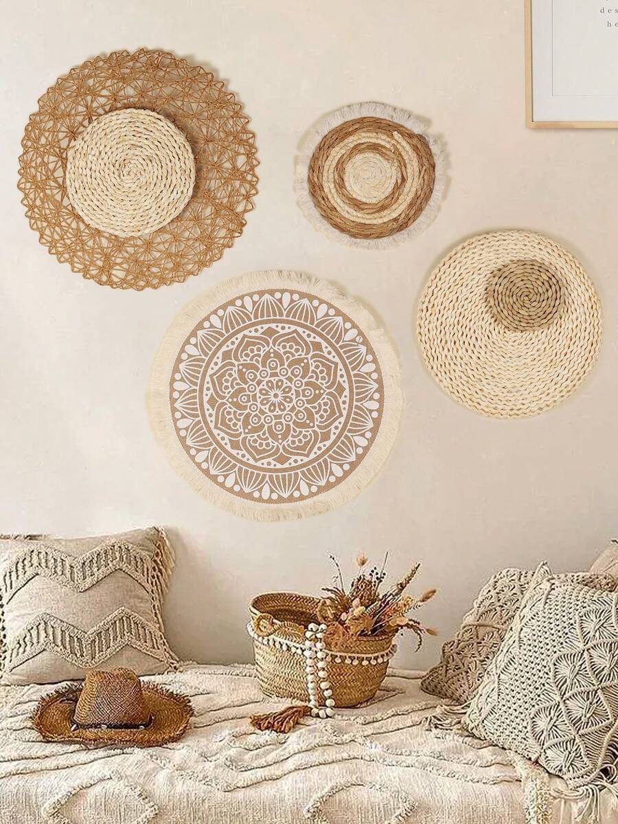 1PC/4 chiếc Giỏ treo tường trang trí phong cách Bohemian, Giỏ treo tường tròn phẳng phong cách Bohemian có tua rua, Giỏ nghệ thuật dệt treo tường bằng mây trang trí, Dùng cho phòng ngủ, nhà ở, phòng khách, trang trí tường bếp, trang trí nhà cửa, trang trí phòng, trang trí tường - Nhiều màu - Xem 1