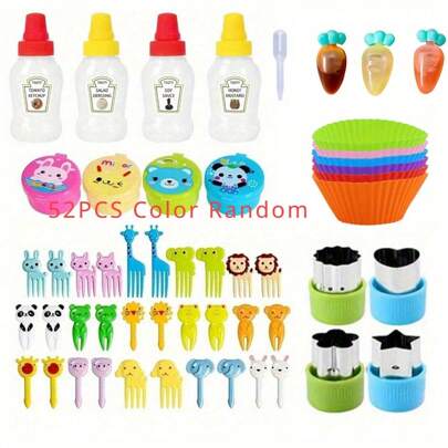 52个装午餐便当盒酱料容器、食物搅拌棒、可重复使用的迷你塑料调味挤压瓶、可爱的午餐配件（含6个纸杯蛋糕杯和饼干密封夹）、厨房用品、圣诞礼物、学校用品