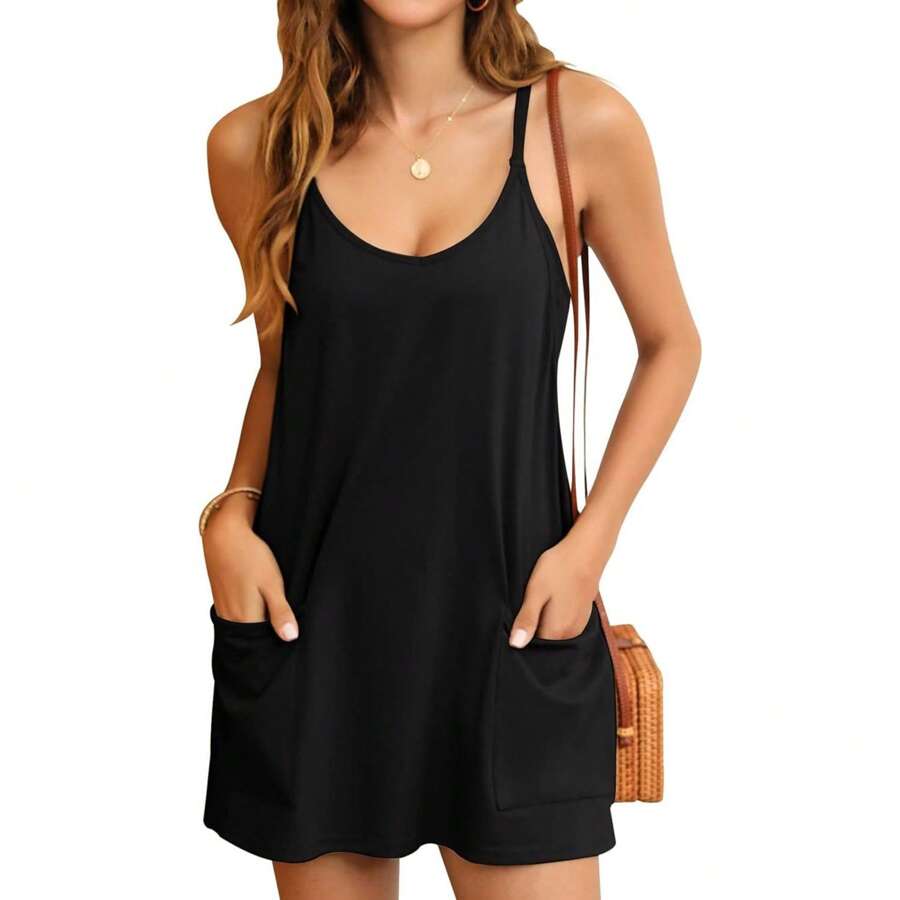 BZB Women's Summer Mini Dress Casual Workout Tennis Dress With Shorts Sleeveless Althletic Dresses - 黑色 - 查看 1