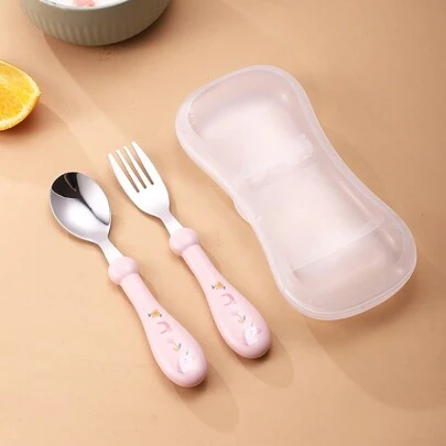 2pcs Stainless Steel Children Spoon And Fork Set With Storage Box, Cute Baby Feeding Cutlery For Home Use