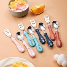2pcs Stainless Steel Children Spoon And Fork Set With Storage Box, Cute Baby Feeding Cutlery For Home Use - Multicolor - View 6