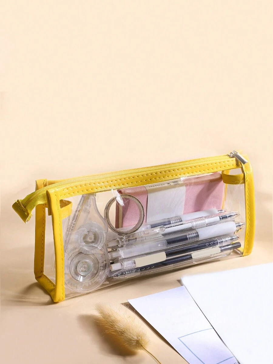 1pc Simple Transparent Pen Bag, Large Capacity And Cute Design, Suitable For Middle And High School Exam Stationery Bag For Girls - Yellow - View 1