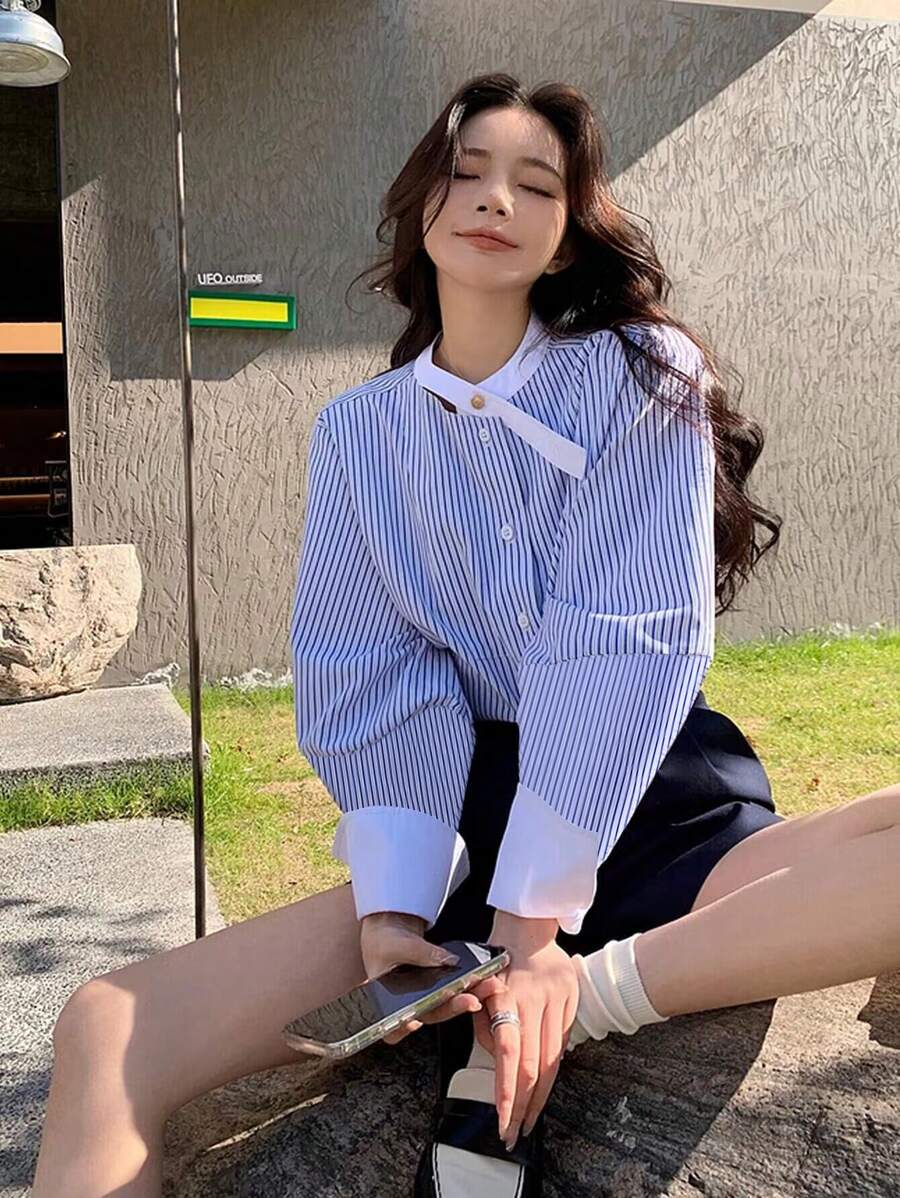 [Y6Y] Women's Spring Striped Bell Sleeve Shirt, Open Collar Regular Hem Fashionable Woven Blouse, Suitable For Office, Casual And Commuting Wear - Blue - View 1