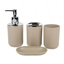 Bộ 4 phụ kiện phòng tắm - Giá để bàn chải đánh răng, hộp đựng xà phòng, bình xịt kem dưỡng da và cốc xả nước Trang trí phòng tắm tại nhà Phụ kiện phòng tắm Tổ chức phòng tắm Trang trí mùa thu Lưu trữ đồ dùng cho ngày tựu trường - Màu be - Xem 1