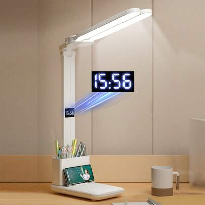 Lámpara de escritorio LED recargable, lámpara de mesa regulable de 3 modos de iluminación con soporte para bolígrafos y reloj, lámpara plegable de lectura con control táctil, luz de lectura amigable con los ojos para estudiantes, habitaciones de niños, luz de noche para hogar, oficina, habitación