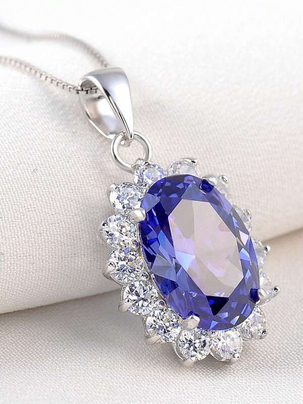 AIHUASI قلادة فضة إسترليني 925 فاخرة للنساء، قلادة بحجر تنزانيت أزرق بقطع بيضاوي 10*14 ملم، هدية عيد الحب الفاخرة
