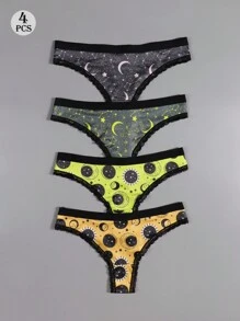 Dircho 4pcs Sexy Women Romantic Contrast Lace Thongs, Boho Style Allover Stars & Moons & Planet & Night Sky & Crescent Print Comfy Silky Intimates Panties, Women's Underwear & Lingerie - Multicolor - View 1