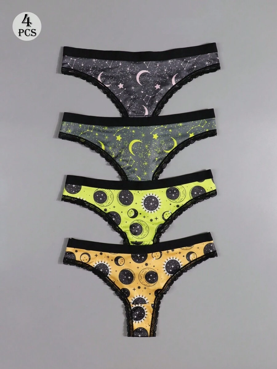 Dircho 4pcs Sexy Women Romantic Contrast Lace Thongs, Boho Style Allover Stars & Moons & Planet & Night Sky & Crescent Print Comfy Silky Intimates Panties, Women's Underwear & Lingerie - Multicolor - View 1