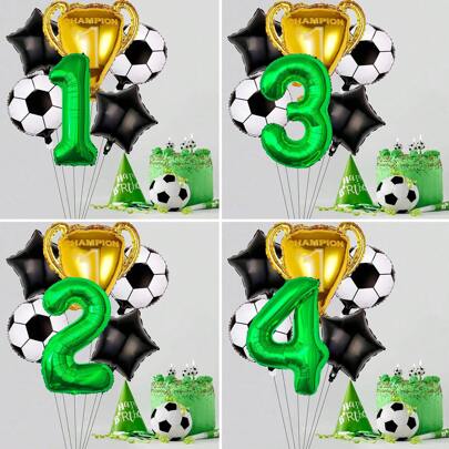 Set da 6 palloncini in stile nuovo da 32 pollici, numeri da 0 a 9 verdi, palloncini a forma di pallone da calcio, trofeo, pentagramma, per decorazioni di feste a tema calcio, compleanni, anniversari, vacanze