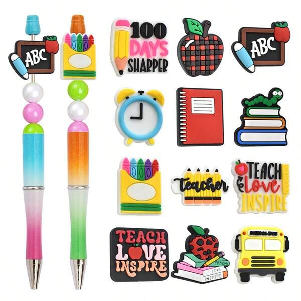 12pcs School Themes Toy Pen Accessories Silicone Beads, DIY Ballpoint Pen Decoration, DIY Keychain Accessories, Creative DIY Pencil Decoration