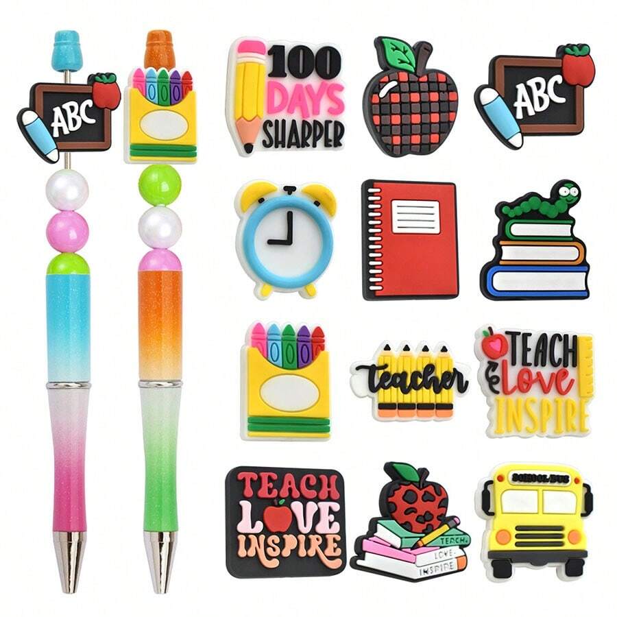 12pcs School Themes Toy Pen Accessories Silicone Beads, DIY Ballpoint Pen Decoration, DIY Keychain Accessories, Creative DIY Pencil Decoration - Multicolor - View 1