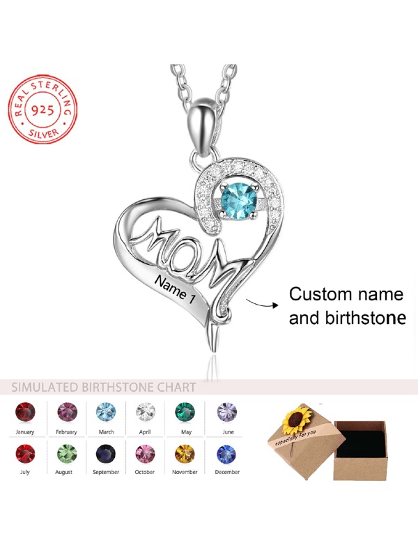 1 Stück personalisierte Halskette aus 925er Silber, individuelle Geburtsstein, Schmuckgeschenk für Frauen zu Valentinstag, Geburtstag oder Muttertag