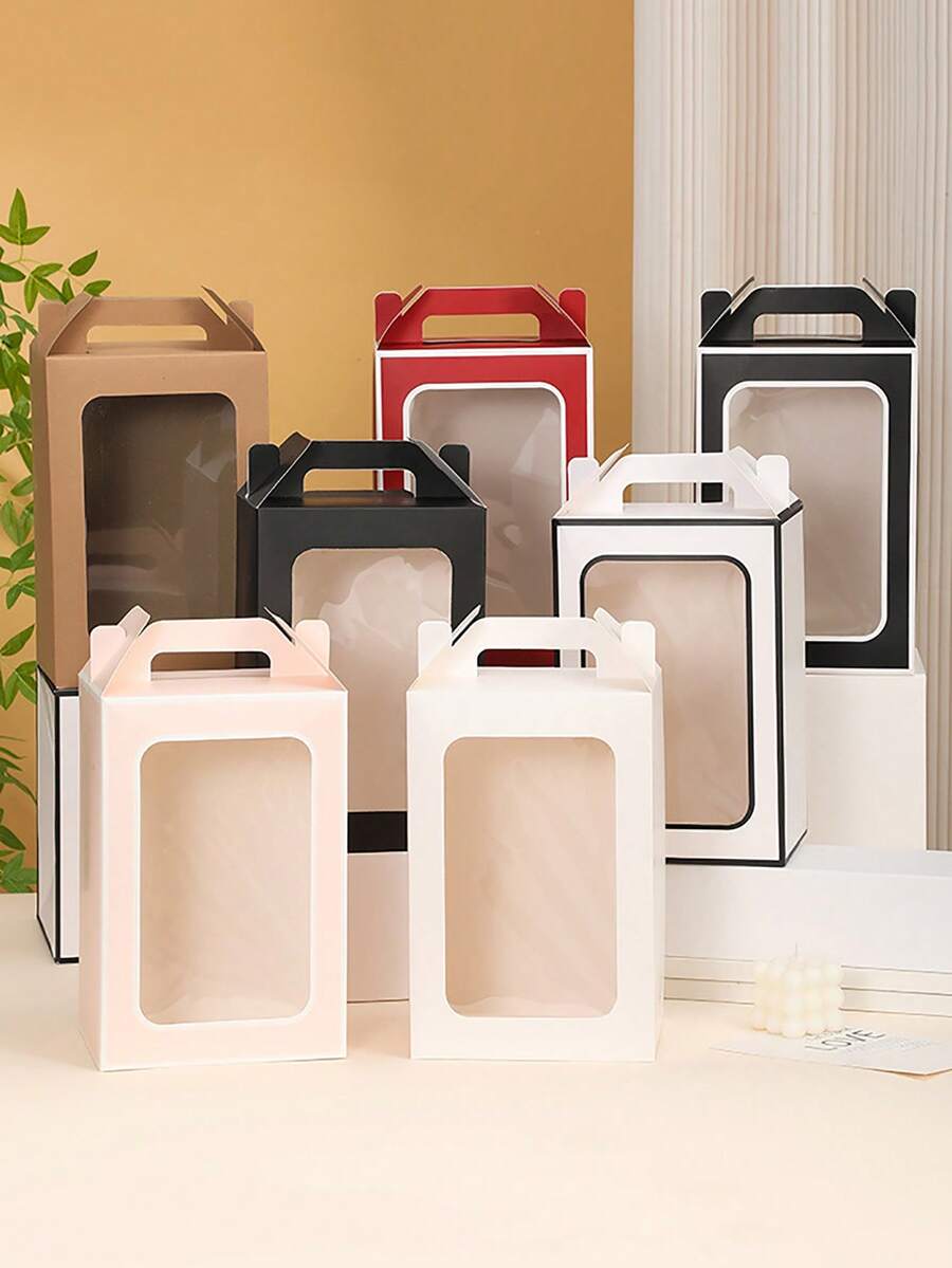 Caja de regalo de papel Kraft de 2 piezas con ventana transparente para exhibición, caja de embalaje de regalo portátil para suministros de decoración de bodas y fiestas de cumpleaños - Multicolor - Ver 1